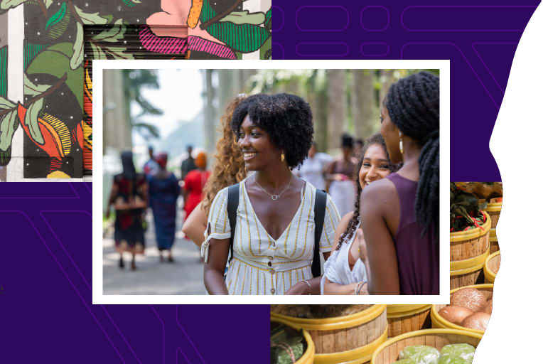 Collage showing a student studying abroad with close up images of various locations in the background